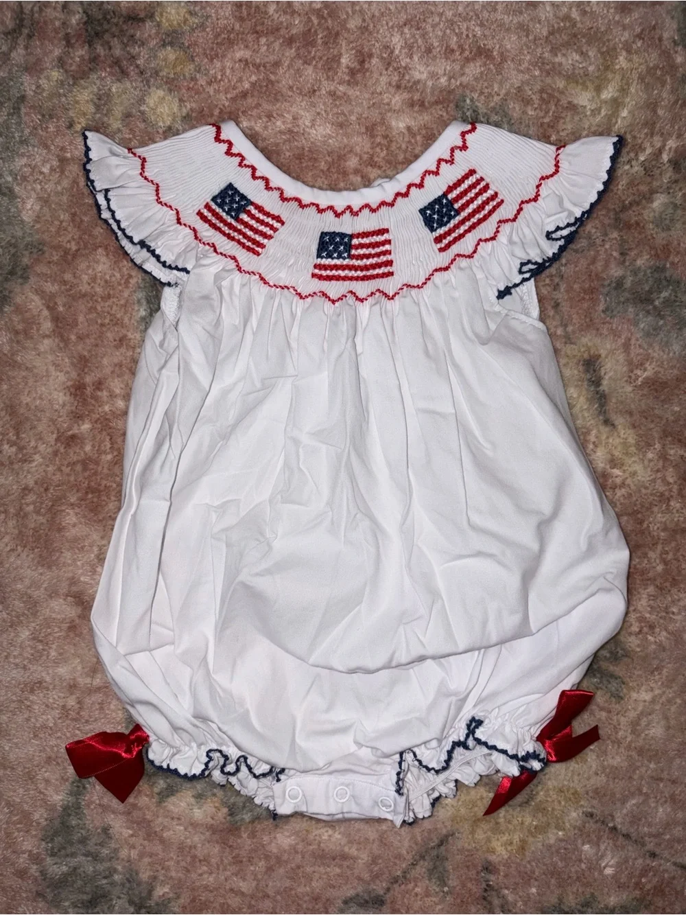 Girls White Smocked American Flag One-Piece Romper